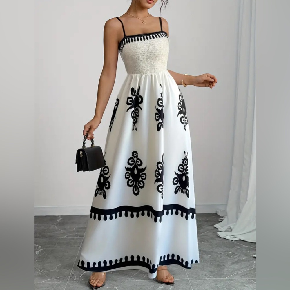 Smocked Maxi Dress | Black & White Elegant Vacation Dress Spaghetti Strap A-Line - Picture 3 of 4